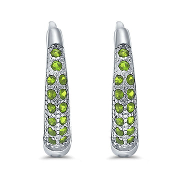 Eternity Huggie Hoop Earrings Channel Round Simulated Peridot CZ 925 Sterling Silver (14mm)